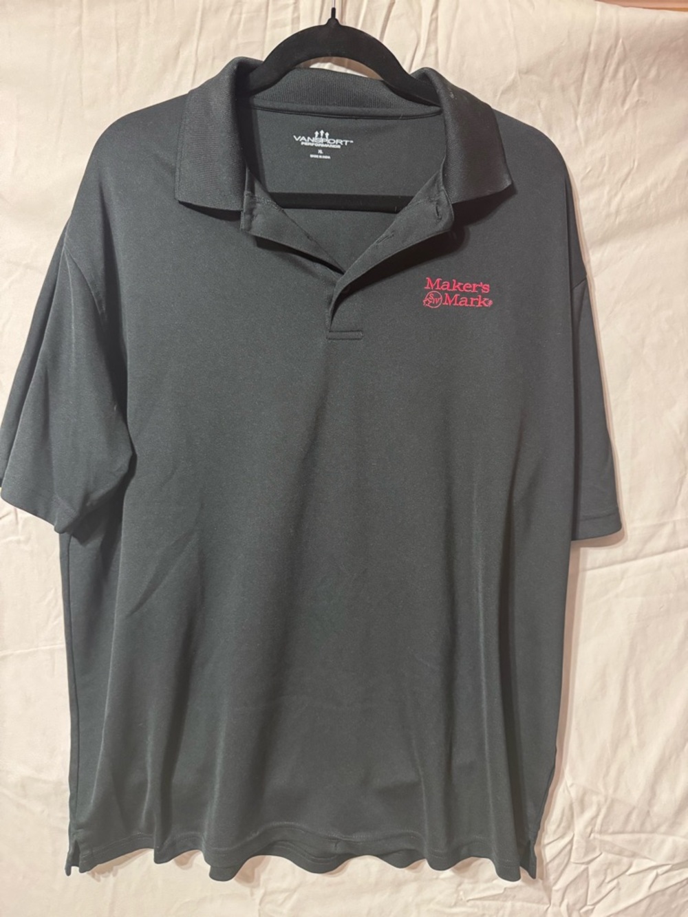 Van Heusen Black Short-Sleeve Polo with Red Maker's Mark Embroidery